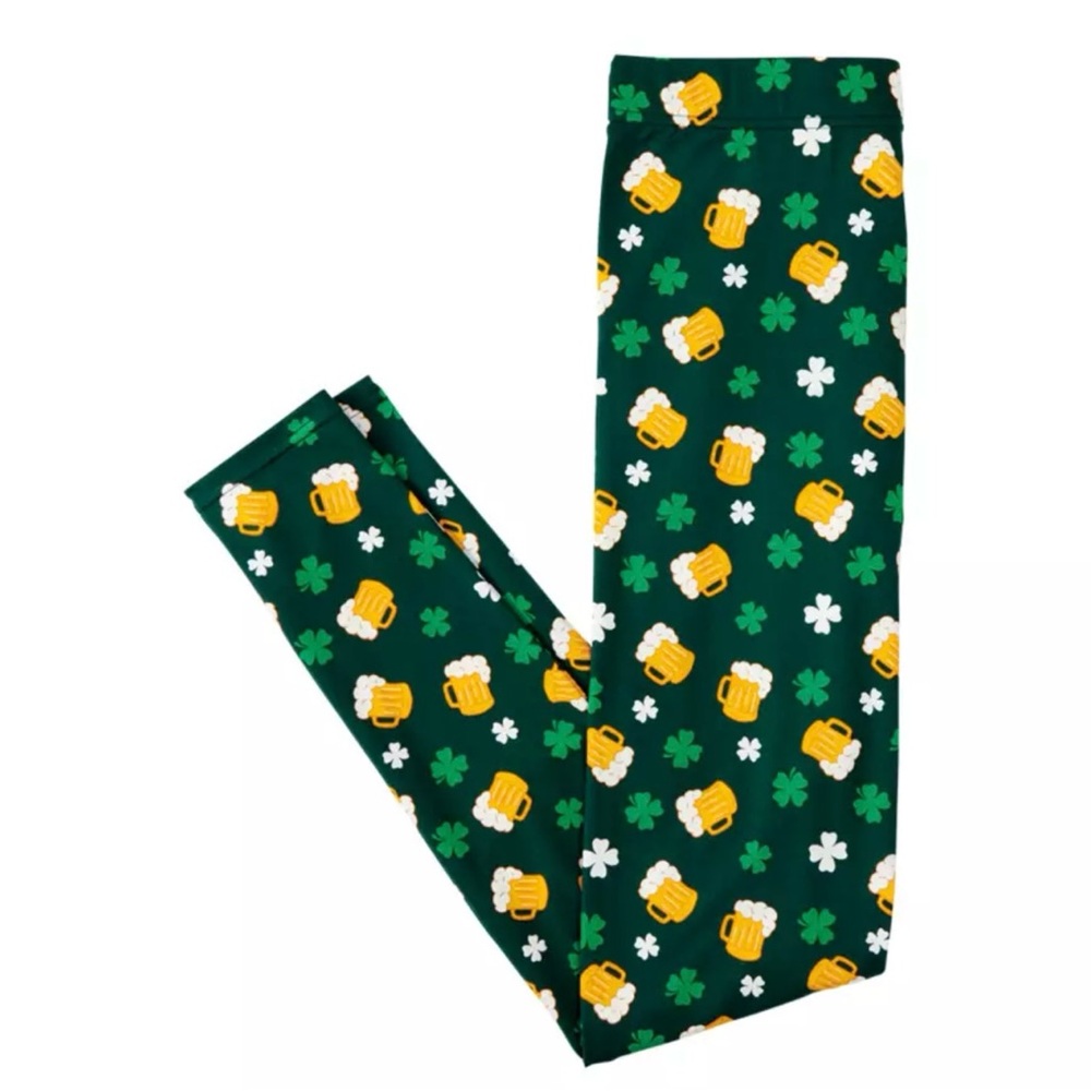 Serra St Patricks Day Green Yellow Beer Mug Shamrock Leggings Womens L Slim Fit
